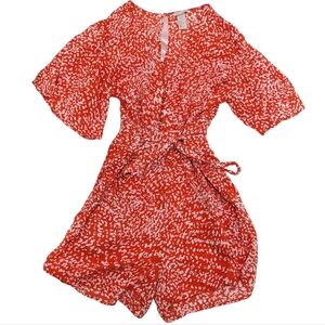 H&M Women's US 10 Large Orange White Cheetah Print Button Up Romper w/ Waist Tie